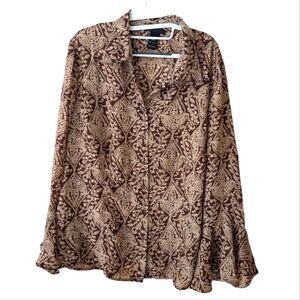 Lane Bryant Brown Paisley Bell Sleeve Button Down Boho Top Plus Size 18/20